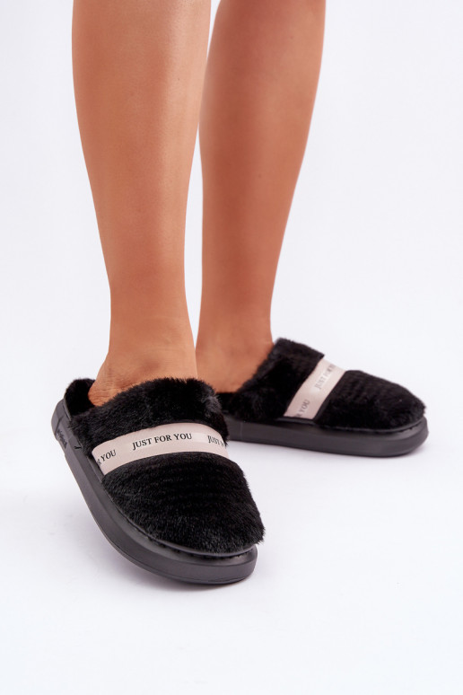 Furry Slippers With Decorative Strap Black Savalithea