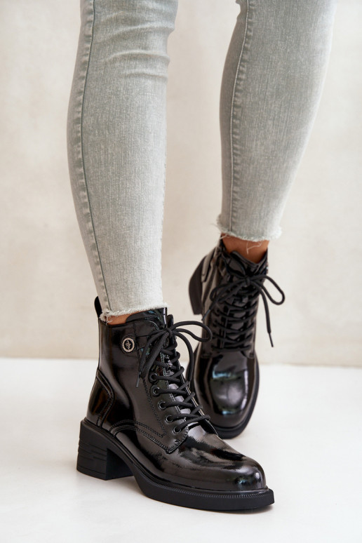 Leather Patent Ankle Boots On Block Warm D&A JC42-78 Black