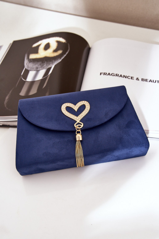 Clutch Bag With Decorative Heart Eco Suede Dark Blue Evilinas