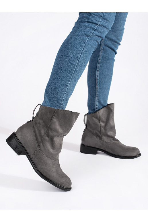 gray boots with a ruffled upper