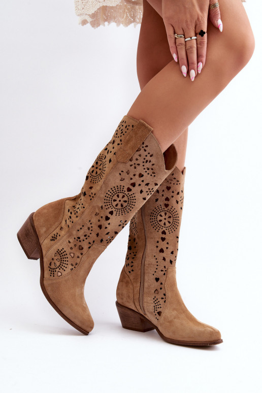 Zazoo 3396 Suede Cutout Mid-Calf Boots Beige