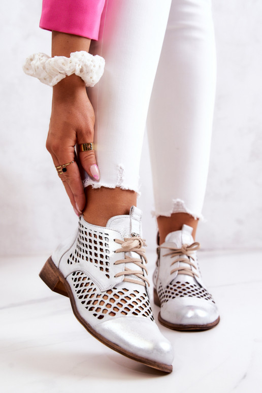 Zazoo 2704 Leather Cut-out Boots White-Silver