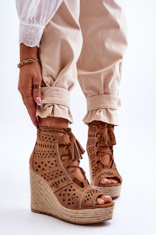 Suede Openwork Wedge Boots Camel Berthe