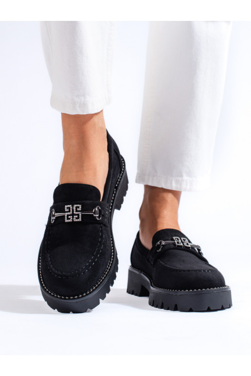 of suede women's moccasins on a thick sole black