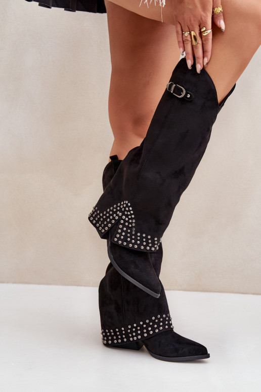 Knee Boots With Rolled Shaft On Heel Black Iveliri