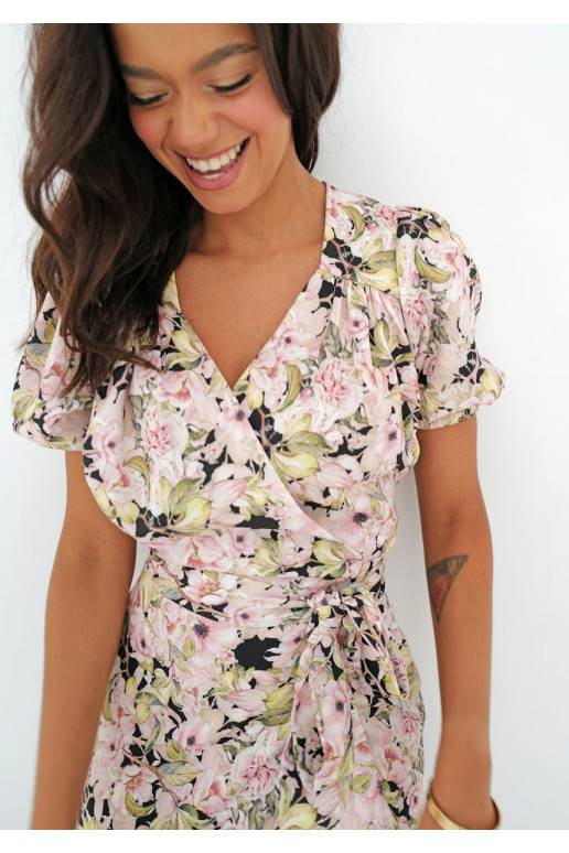 Selma - Pink flowers printed wrap dress