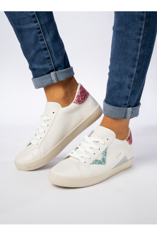 Womens Sneakers model shoes White color, with luster Wstawki GREEN