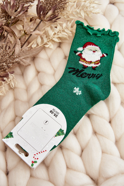 Shiny Christmas socks with Santa Claus in green color