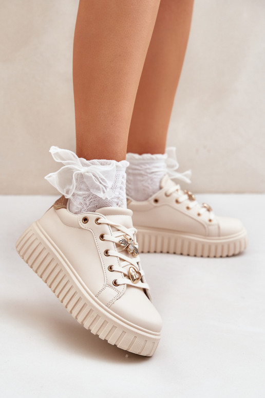 Women's Sneakers With Ribbons Beige Grelesi