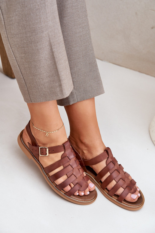 Leather sandals with flat heel brown Zazoo 3686