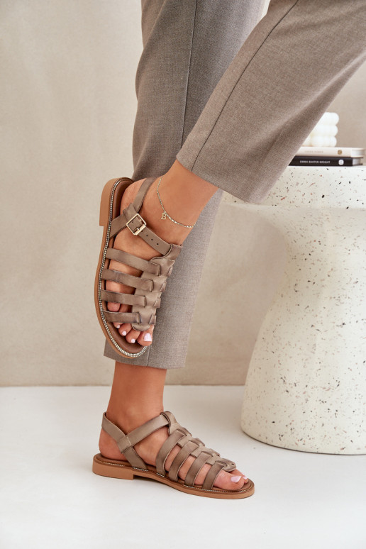 Leather sandals with flat heel dark beige Zazoo 3686