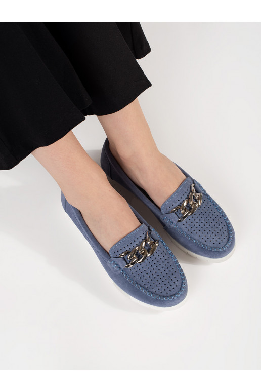 Leather blue Women's moccasins with chain with platform