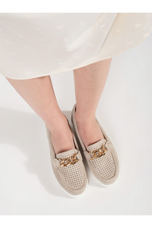 Leather beige Women's moccasins with chain with platform