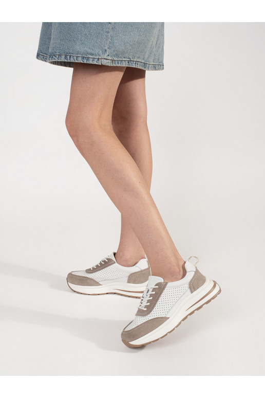 Leather openwork sneakers on a thick sole white-beige