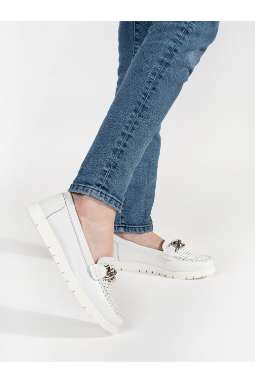 Leather white color Women's moccasins with chain with platform