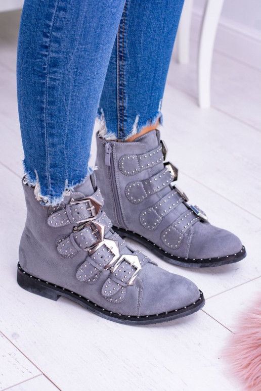 Lu Boo Dark Grey Virginia Rock Star Boots Rivet Buckles Suede