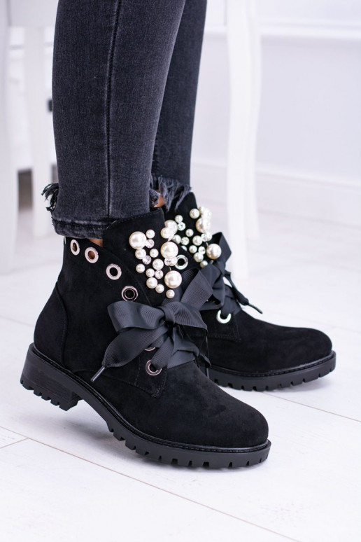 Suede Lined Ankle Boots With Pearls And Ribbon Black Perla