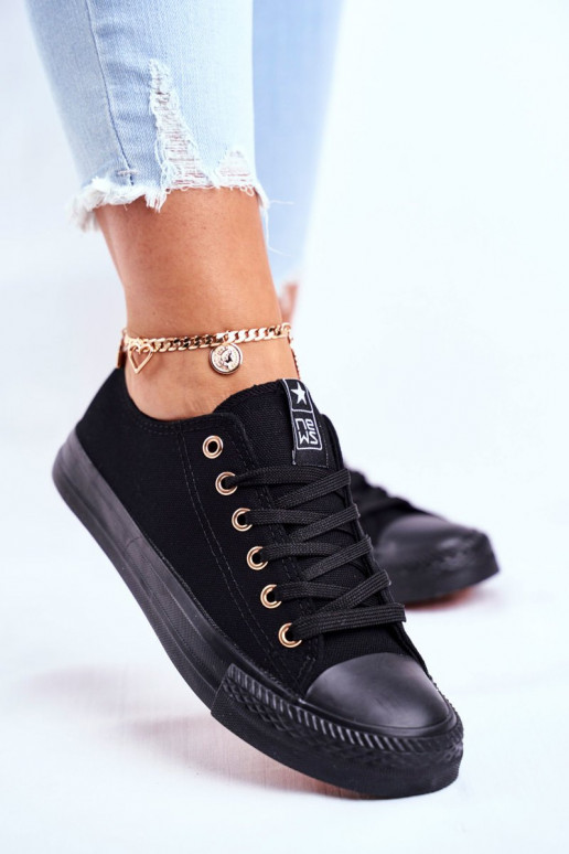 Women's Classic Sneakers Black with Gold Eyelets Ecoma