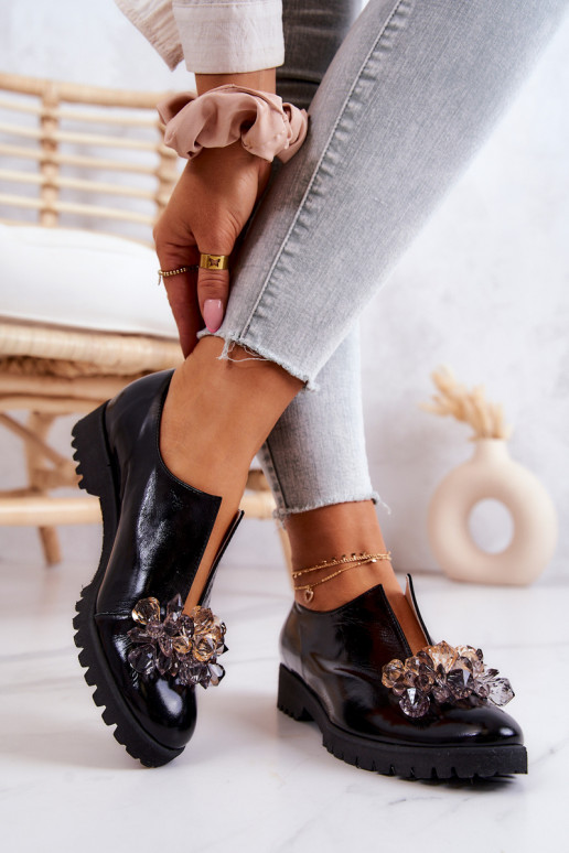 Elegant Leather Shoes With Ornament Black Cindy