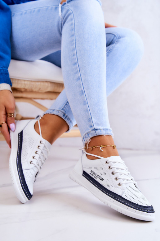 Women's Leather Sneakers White and Navy Blue Cloesa