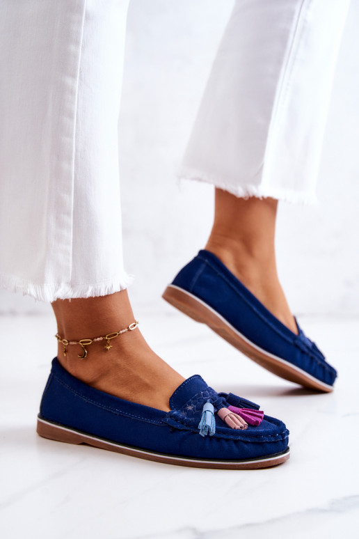 Women's Suede Loafers With Fringes Navy Laressa