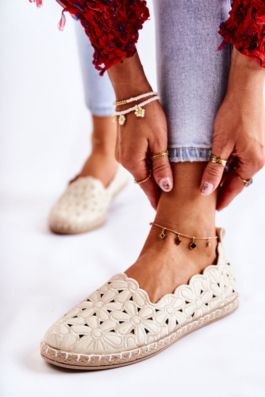 Women's Slip-on Ballerina Flats with Flowers Beige Vennice