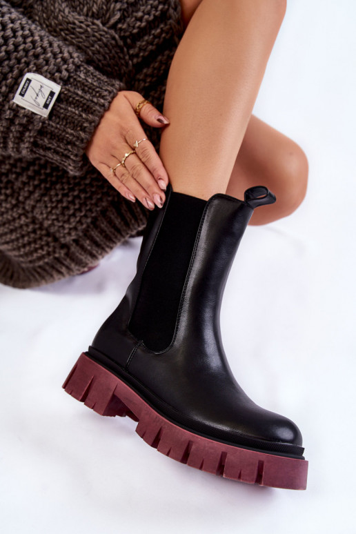 Women's Worker Boots On The Platform Black and burgundy Aliana