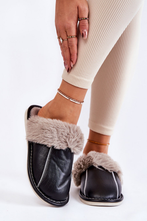 Women's Leather Slippers With Fur Black Rossa