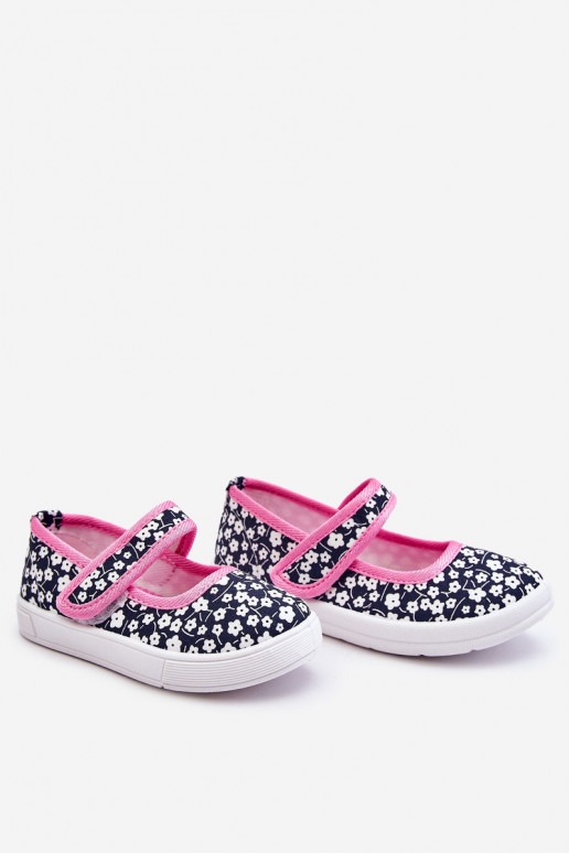 Children's Velcro Ballerinas In Print Navy Blue And Pink Selah