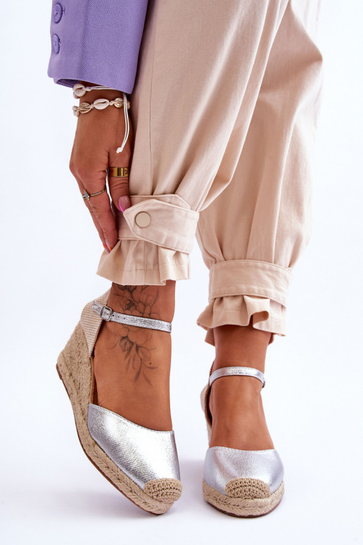 Leather Espadrilles Wedge Sandals Silver Cammer