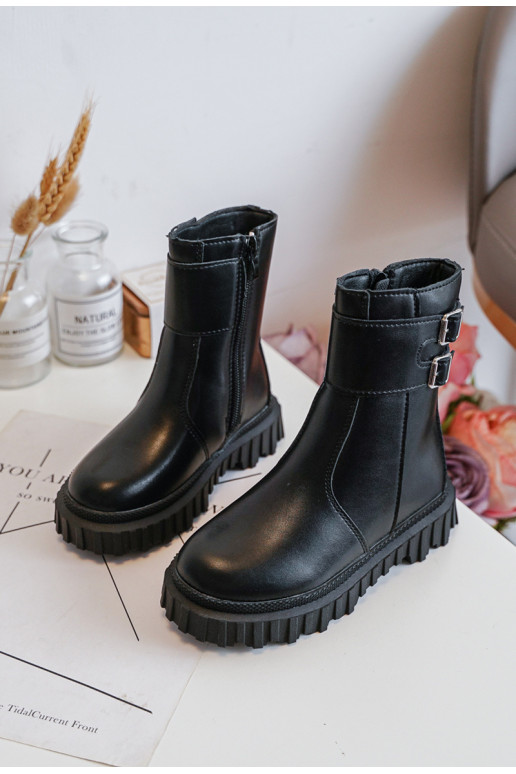 Children's Leather Boots with Buckles Black Chloraia