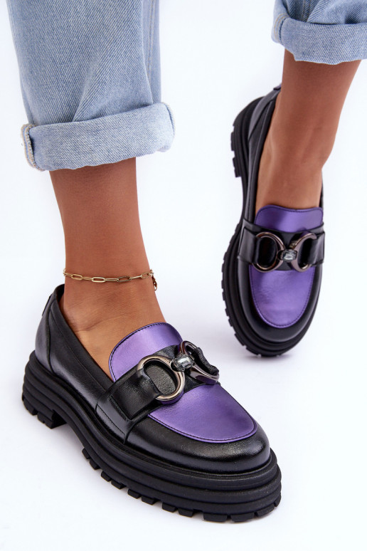 Women's Leather Loafers on Flat Heel Black-Purple Elkiza