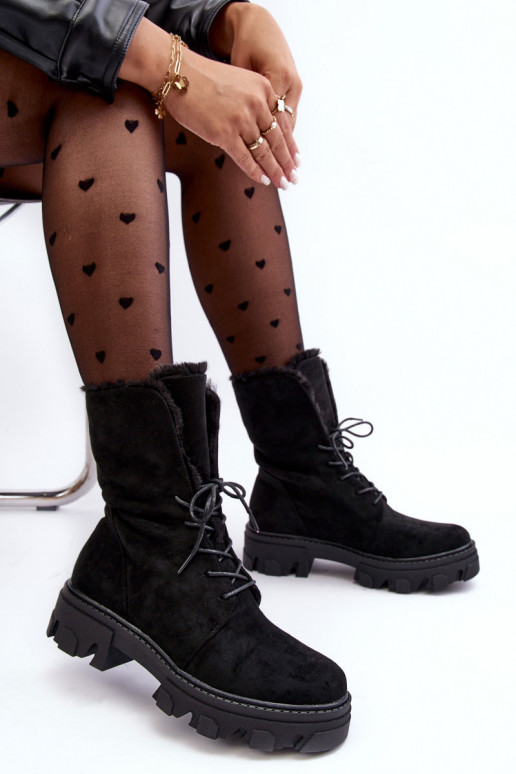 Suede Lace-Up Boots with Faux Fur Workery Black Frendo