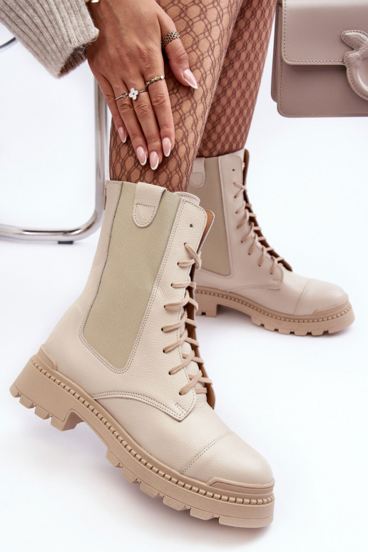 Leather Women's Lace-Up Ankle Boots Beige Nicole 2836