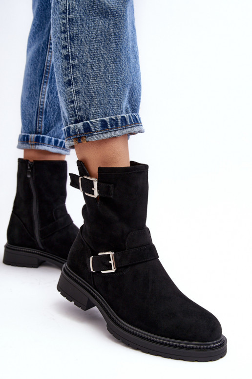 Women's Flat Heel Boots with Buckles Black Bliggore