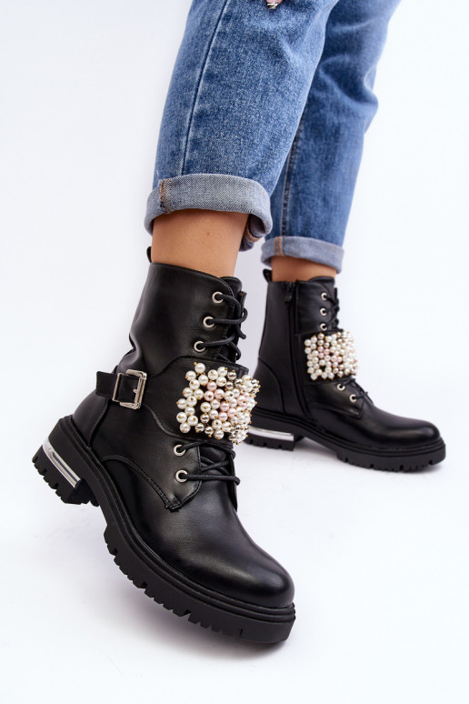 Lined Women's Work Boots Decorated Black Venizi