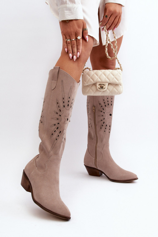 Zazoo 2909 Suede Cutout Boots with Low Heel Beige