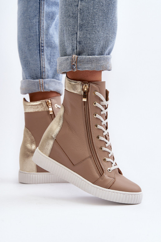 Zazoo 3081 Women's Leather Wedge Sneakers Beige