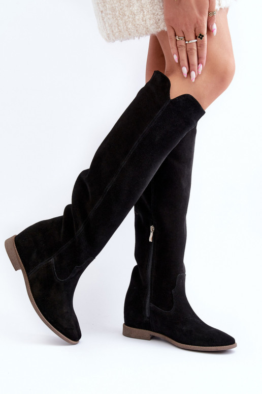 Zazoo 3407 Suede Knee-High Boots with Flat Heel Black