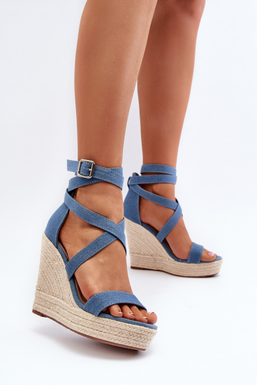 Denim Wedge Sandals with Woven Detail Blue Salthe