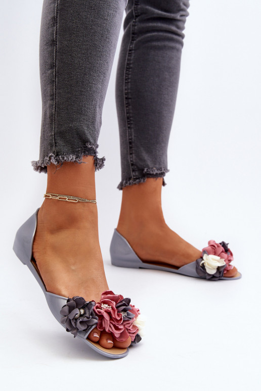 Women's Gray Rubber Ballerina Flats with Flowers Junikla