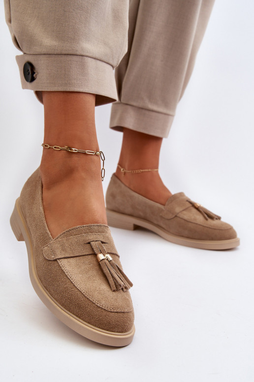 Beige Women's Suede Moccasins With Flat Heel Zazoo 3420