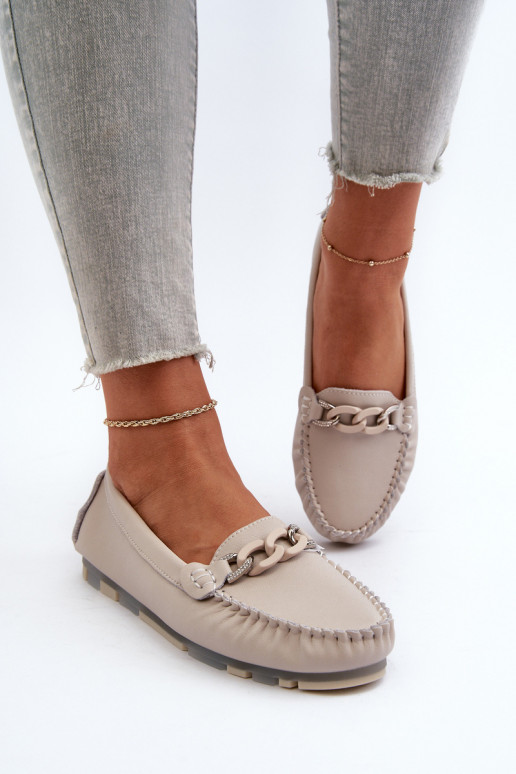 Women's Leather Moccasins with Beige Decoration S.Barski LR339