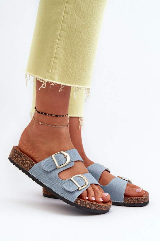 Women's Jeans Flip Flops on Cork Platform with Straps Blue Doretta