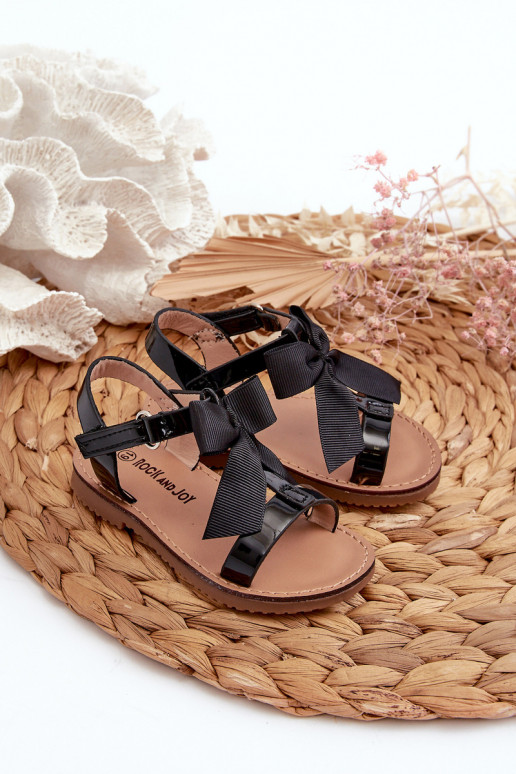 Black Patent Children's Sandals with Bow on Velcro Joratia