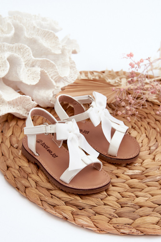 White Kids' Patent Sandals with Bow and Velcro Strap Joratia