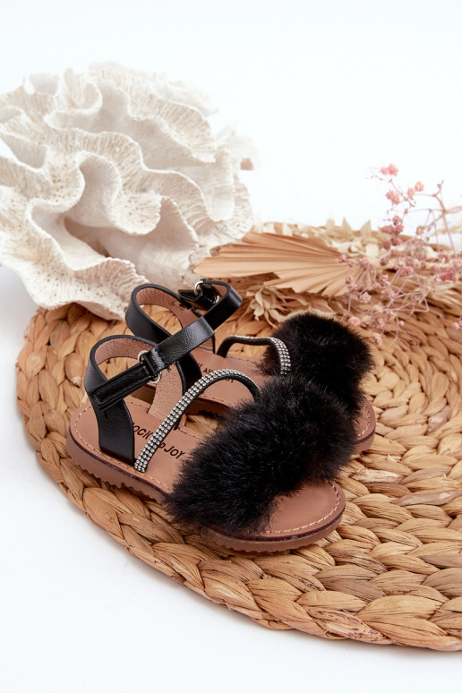 Children's Sandals with Velcro and Fur Black Rosavere