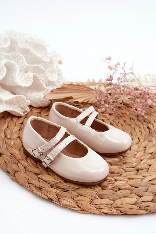 Beige Patent Leather Children's Ballerina Flats with Straps Margenis