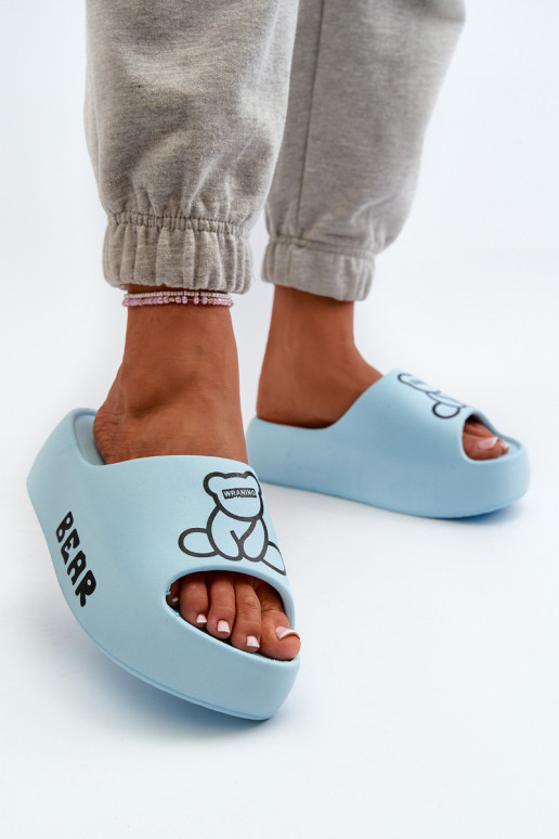 Women's Foam Slides on Chunky Sole with Bear Blue Lamira