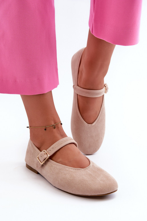 Beige Buckled Faux Suede Ballerina Flats Anlofi